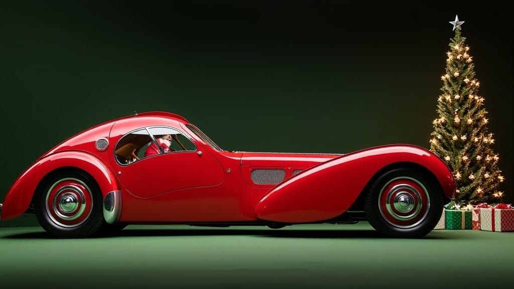 Vibrant Red Bugatti Atlantic Showcased in Festive Holiday Sc...