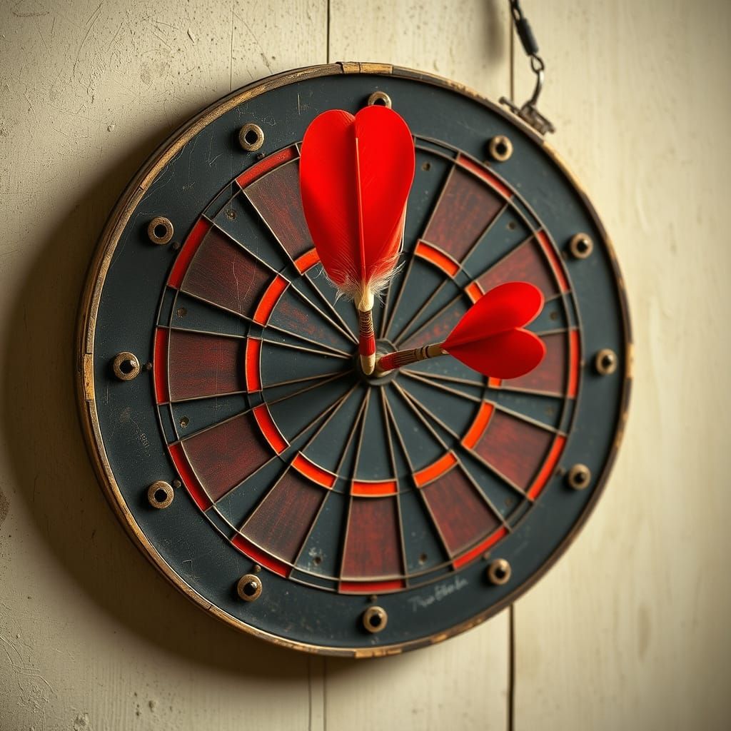 Vintage Darts Stuck in Worn Dartboard, Nostalgic Realism