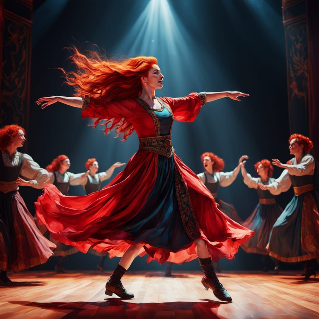 Red Haired Woman Dancing on Stage in Vivid Oil Painting
