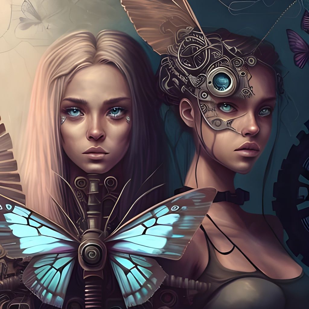 Mechanical Girl with Butterflies in Cyberpunk Art Deco Style