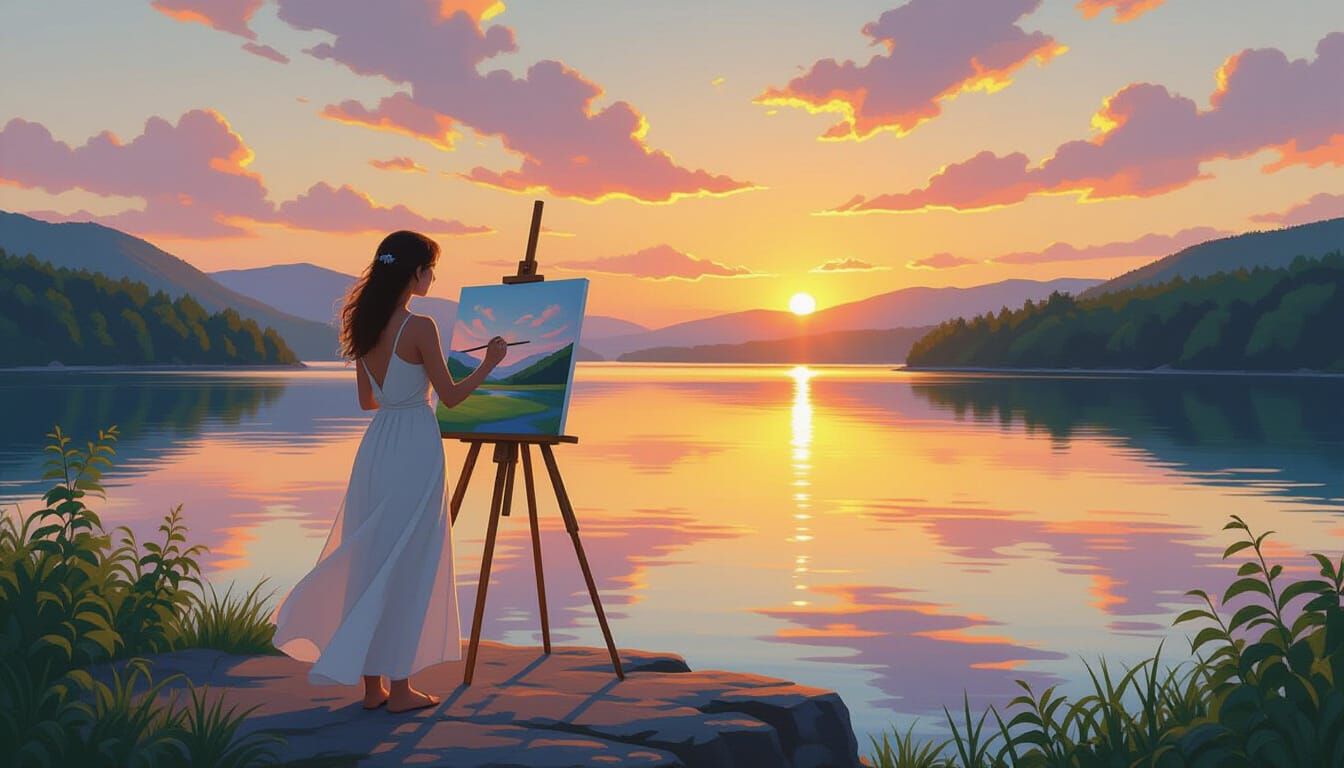 Woman Painting Lakeside Sunset in Impressionist Style