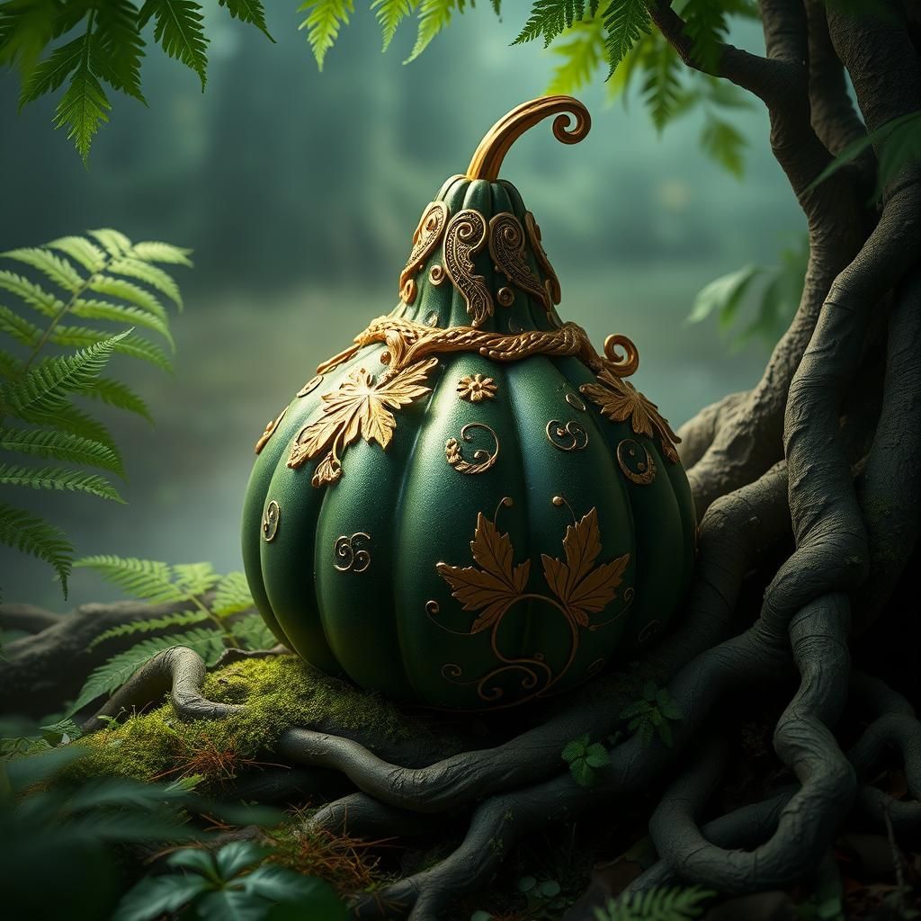 Ornate Gourd with Gold Leaf in Misty Forest