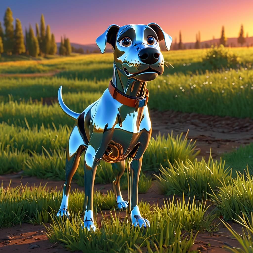 chrome material dog,sunset , Pixar, Disney, concept art, 3d ...