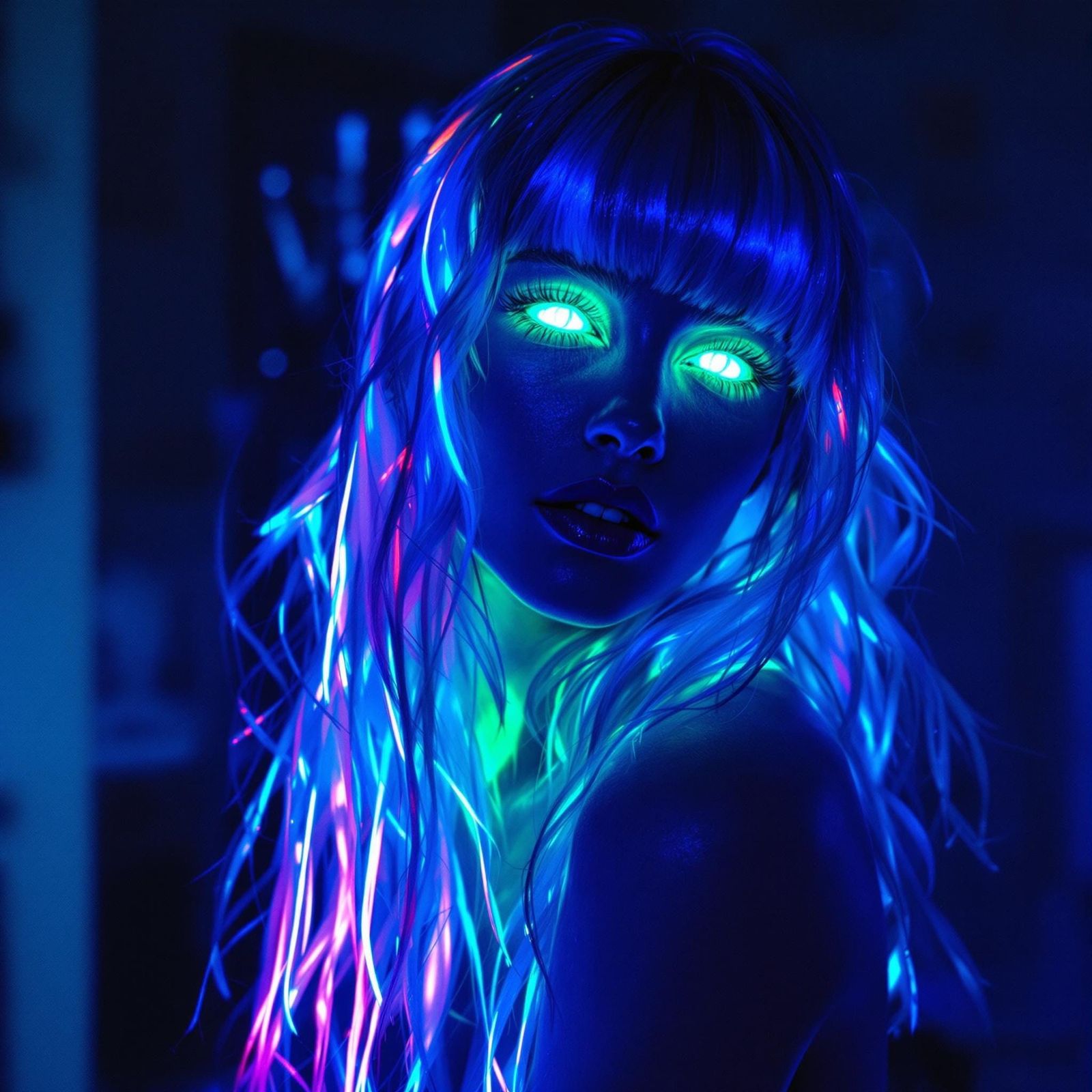 Surreal Woman Portrait with Neon Hair and Glowing Eyes in a....
