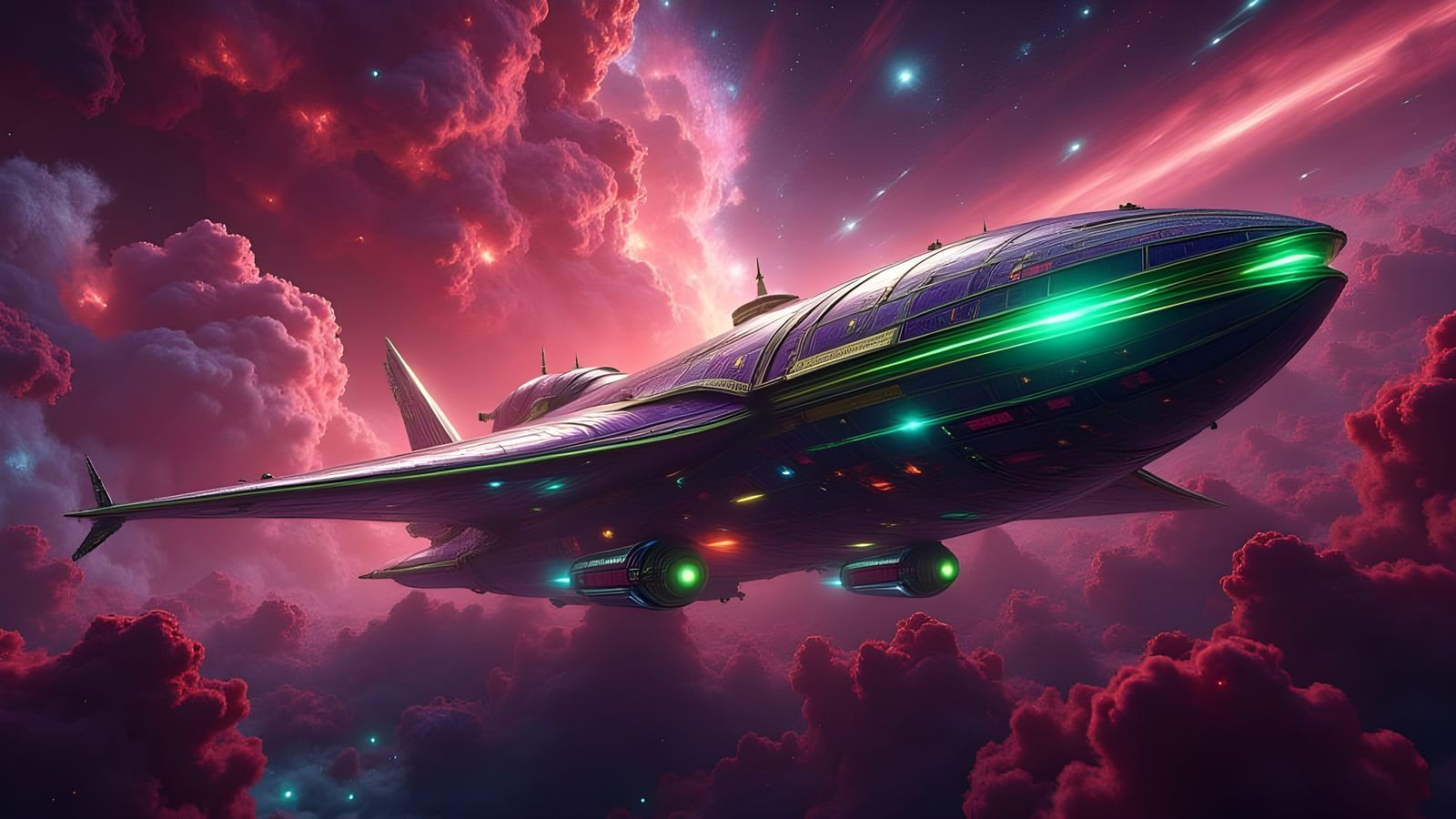 Futuristic Hammerhead Spaceship Soaring Through Cat's Eye Ne...