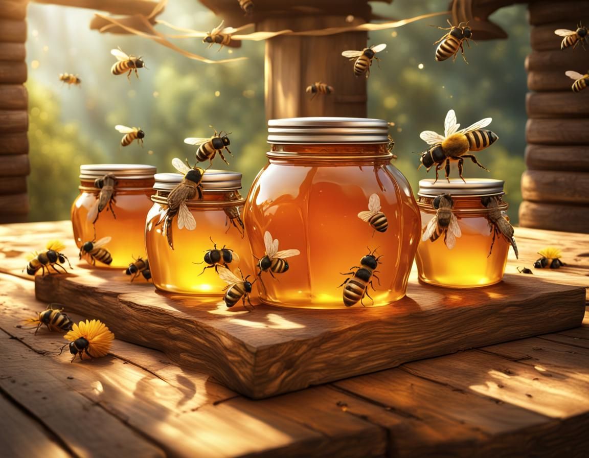 Honey Jars and Bees in Detailed Matte Painting