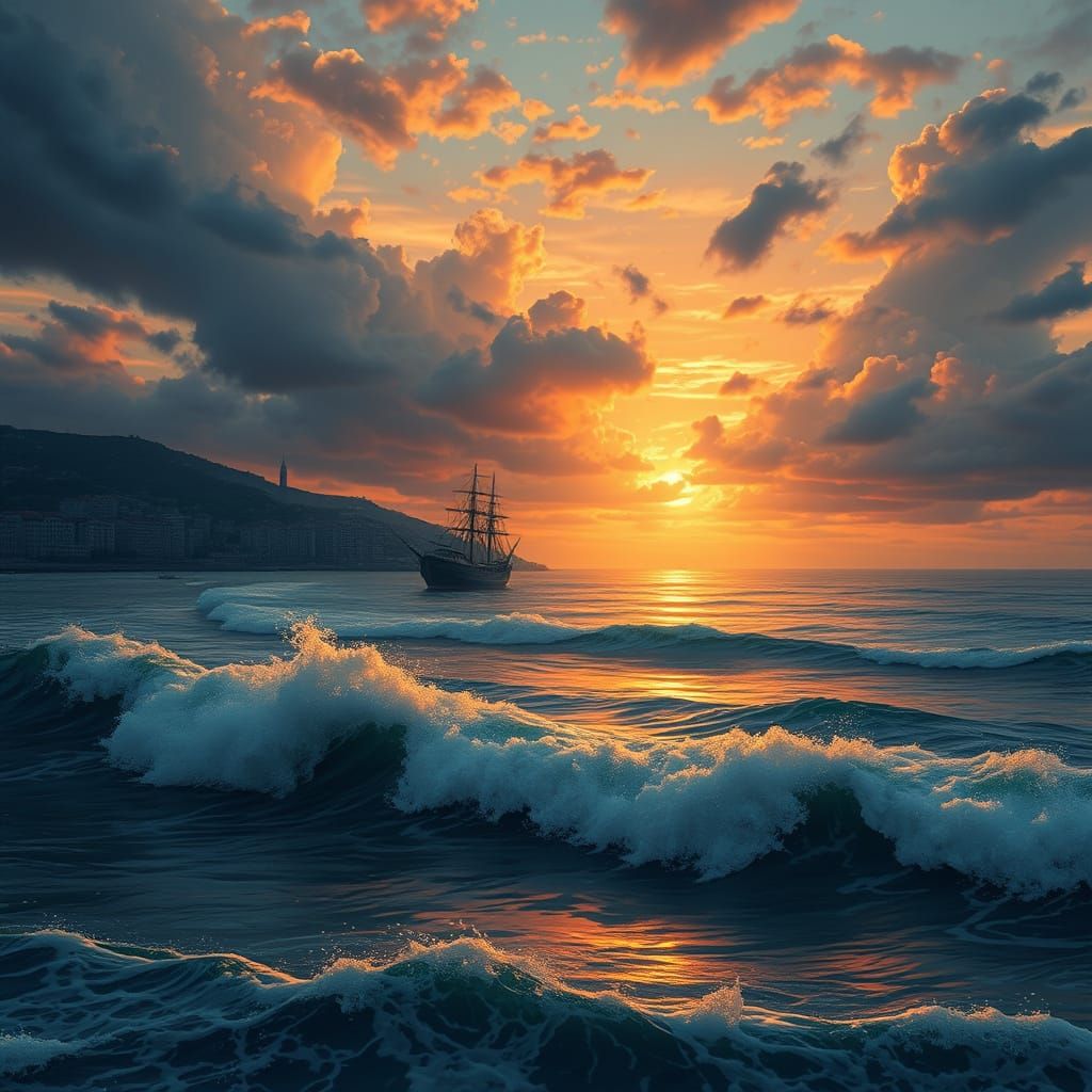 Coastal City Sunset with Tornado, Fantasy Art