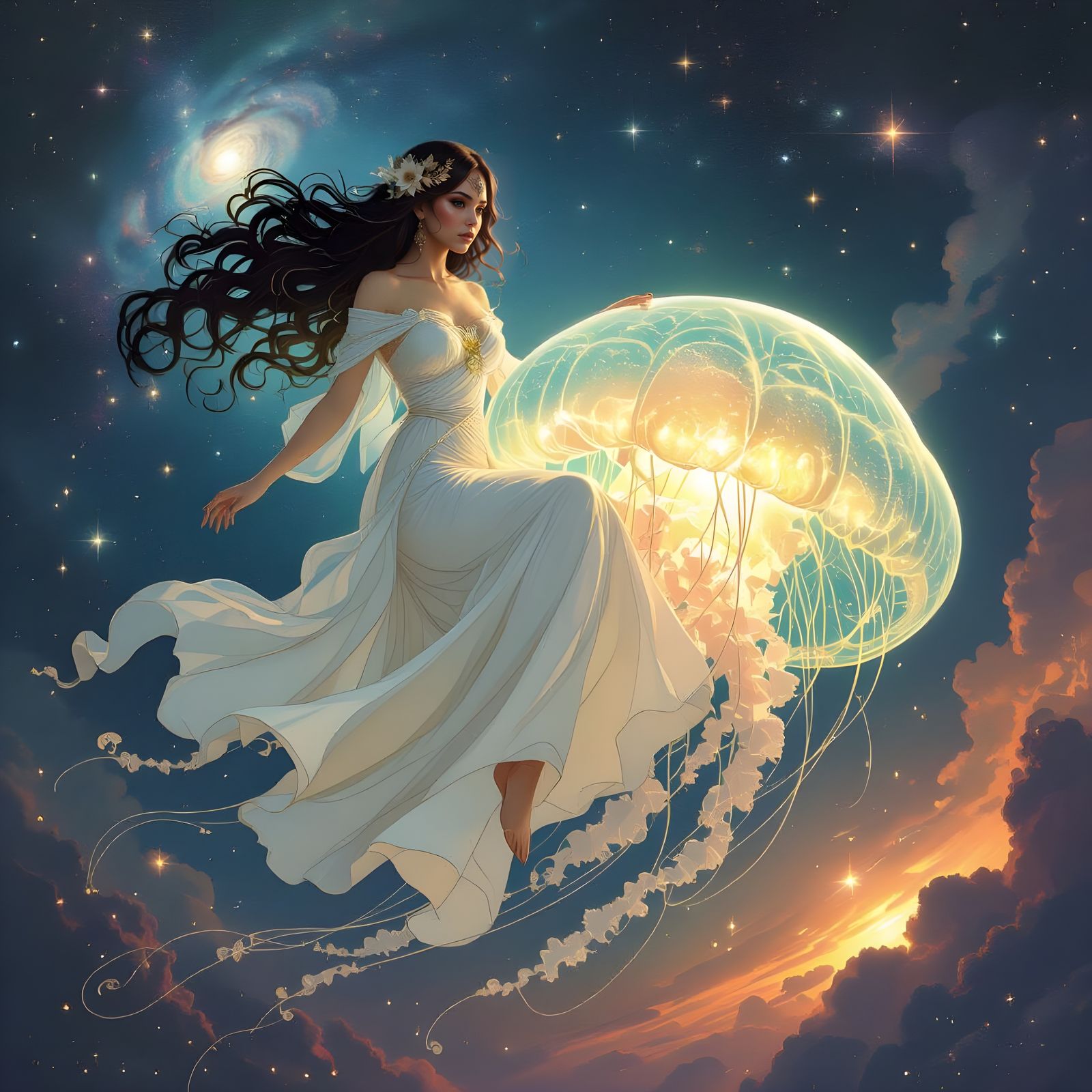 Celestial Goddess Rides Bioluminescent Jellyfish Through Neb...