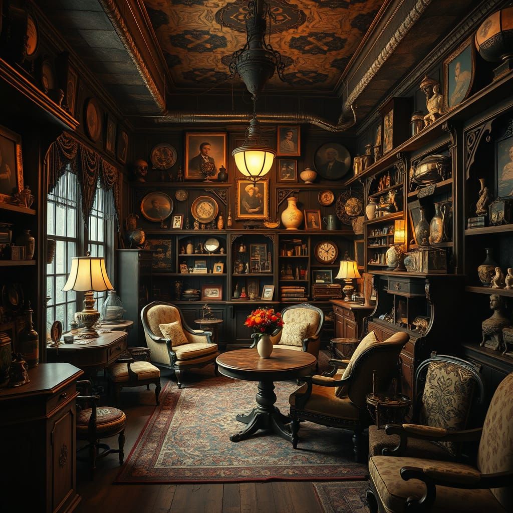 Vintage Emporium with Ornate Furnishings and Dim Lighting