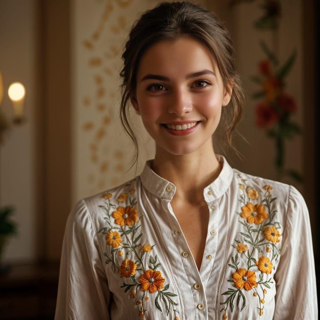Smiling Woman in Floral Blouse, Photorealistic Portrait