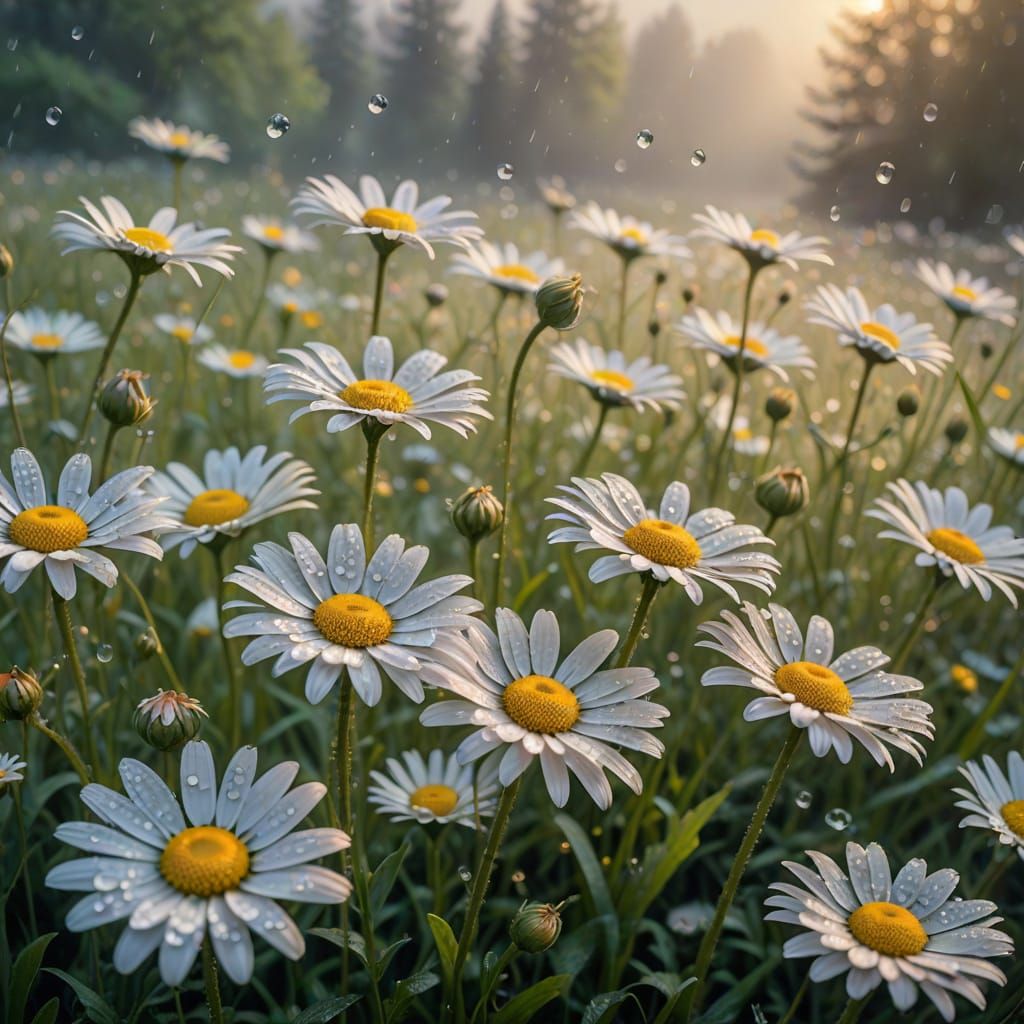 Ethereal Daisies in Misty Meadow, Impressionist Style