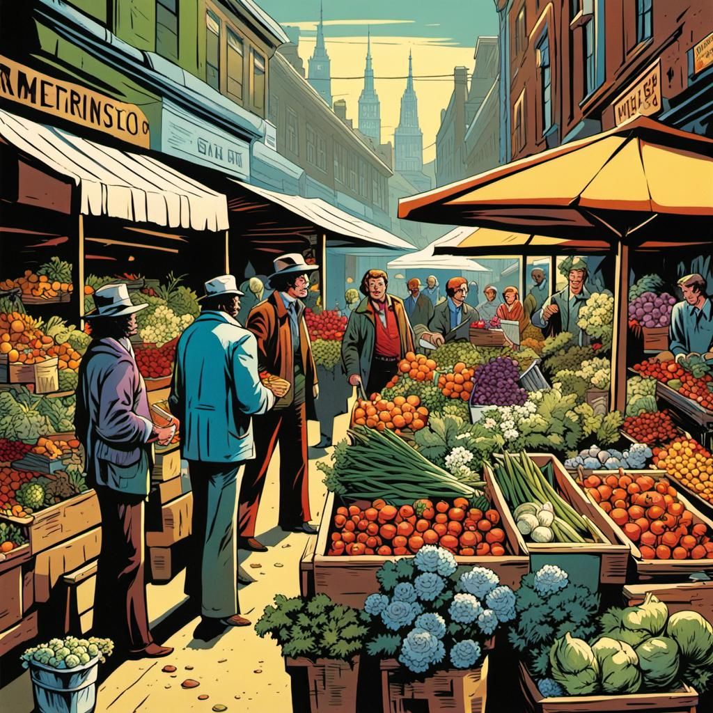 Retro 70s Market Illustration in Comic Book Style