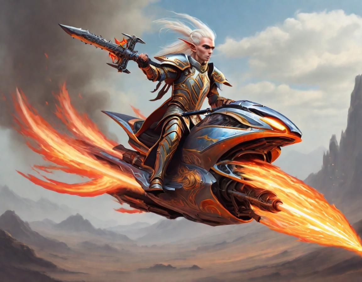 High Elf Warrior on Hoverbike with Flaming Sword