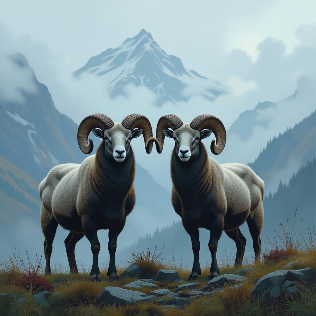 Two Rams in Misty Mountains, Stalenhag & Gurney Inspired
