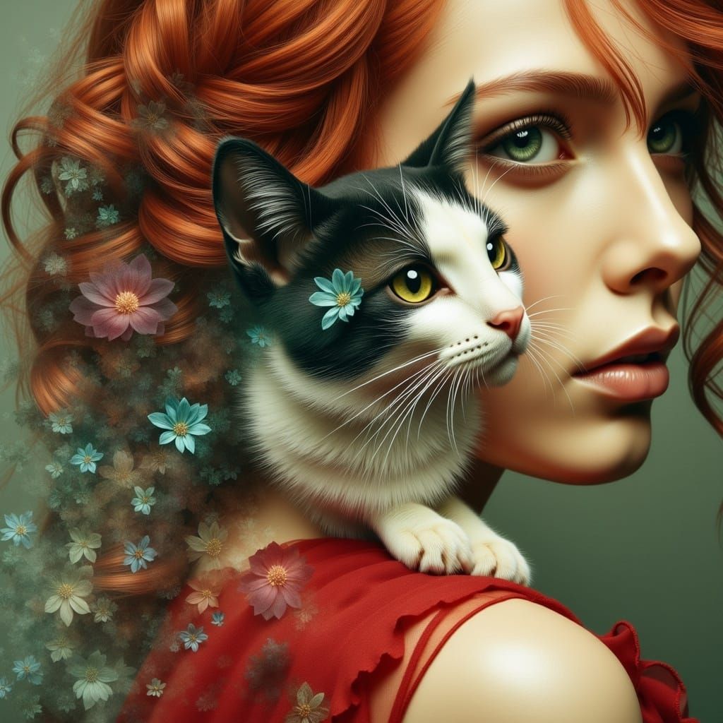 Stunning Woman and Tuxedo Kitten in Dreamlike Double Exposur...