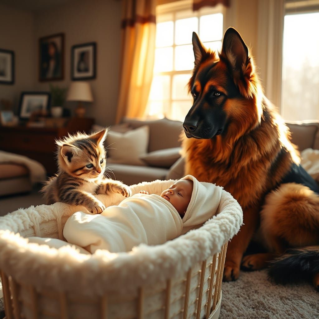 Whimsical Family Scene with Cuddly Kitten and Gentle German...