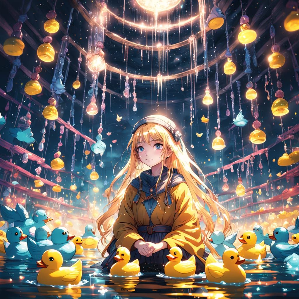 Joyful Girl Surrounded by Rubber Ducks in Magical Anime Styl...