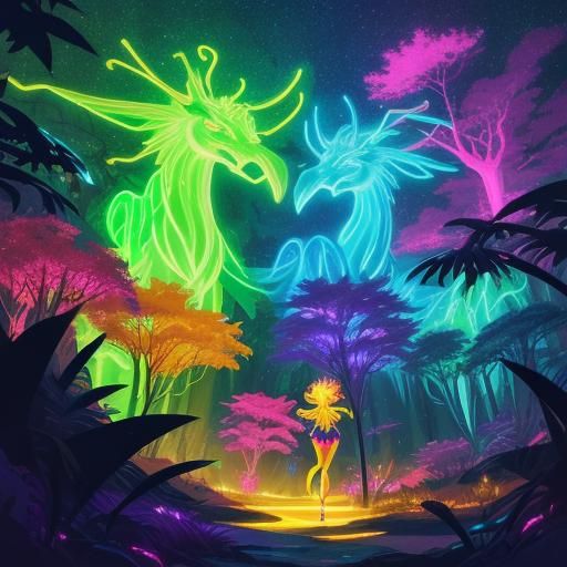 Neon Monsters in Forest Chase Woman: 3D Anime Style