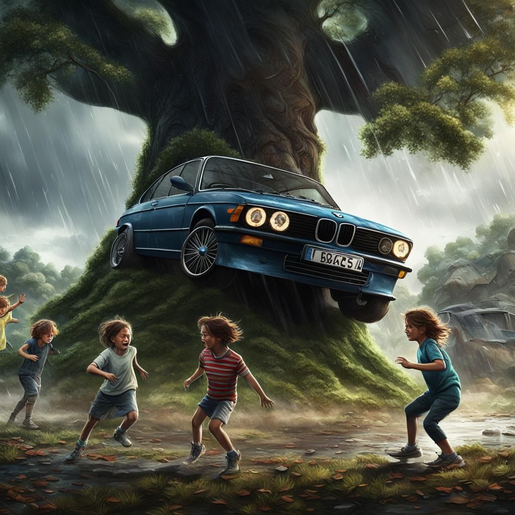 Kids Fight in Rain Near Tree: Detailed Matte Painting