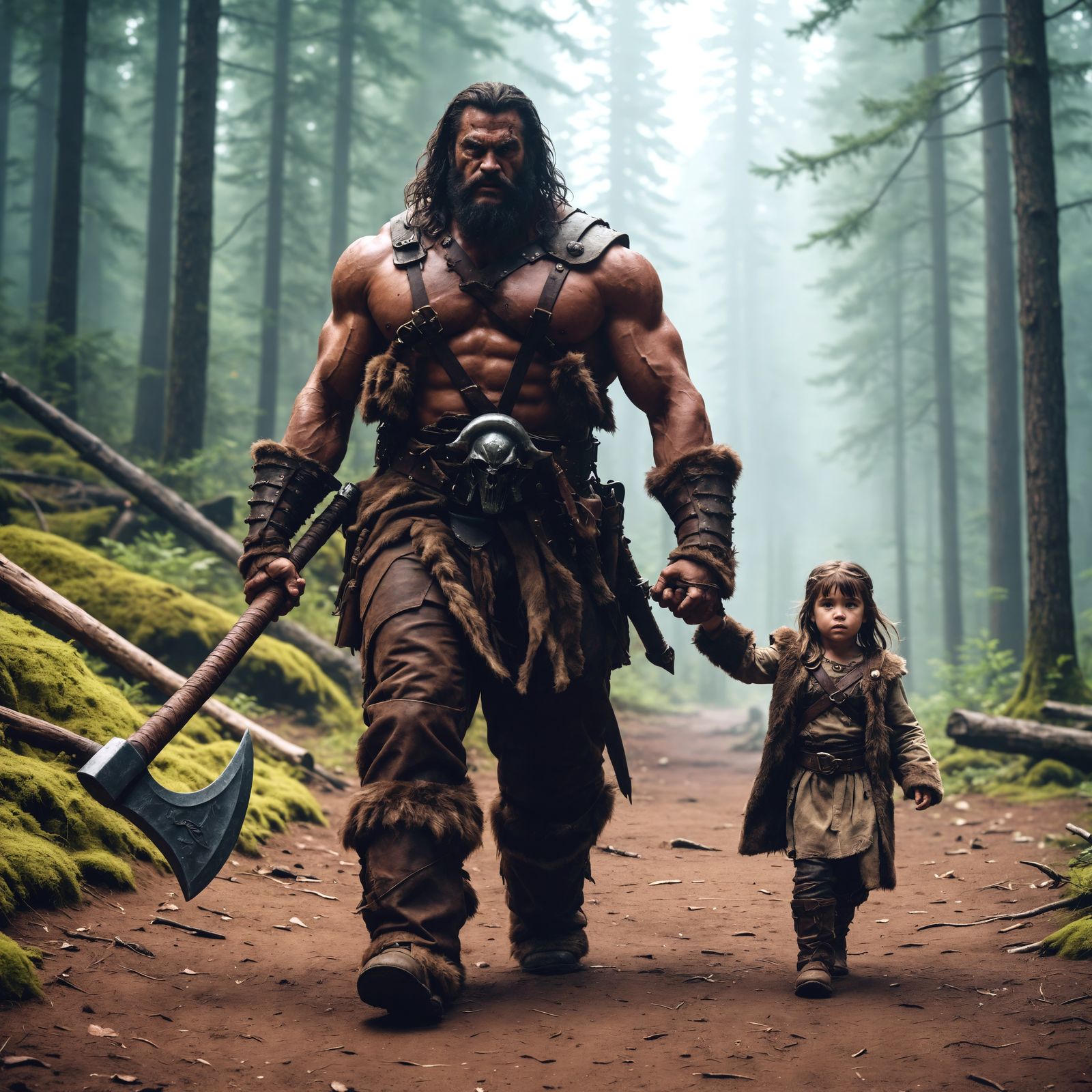 Barbarian and Daughter Stroll Through Forest: Cinematic Stil...