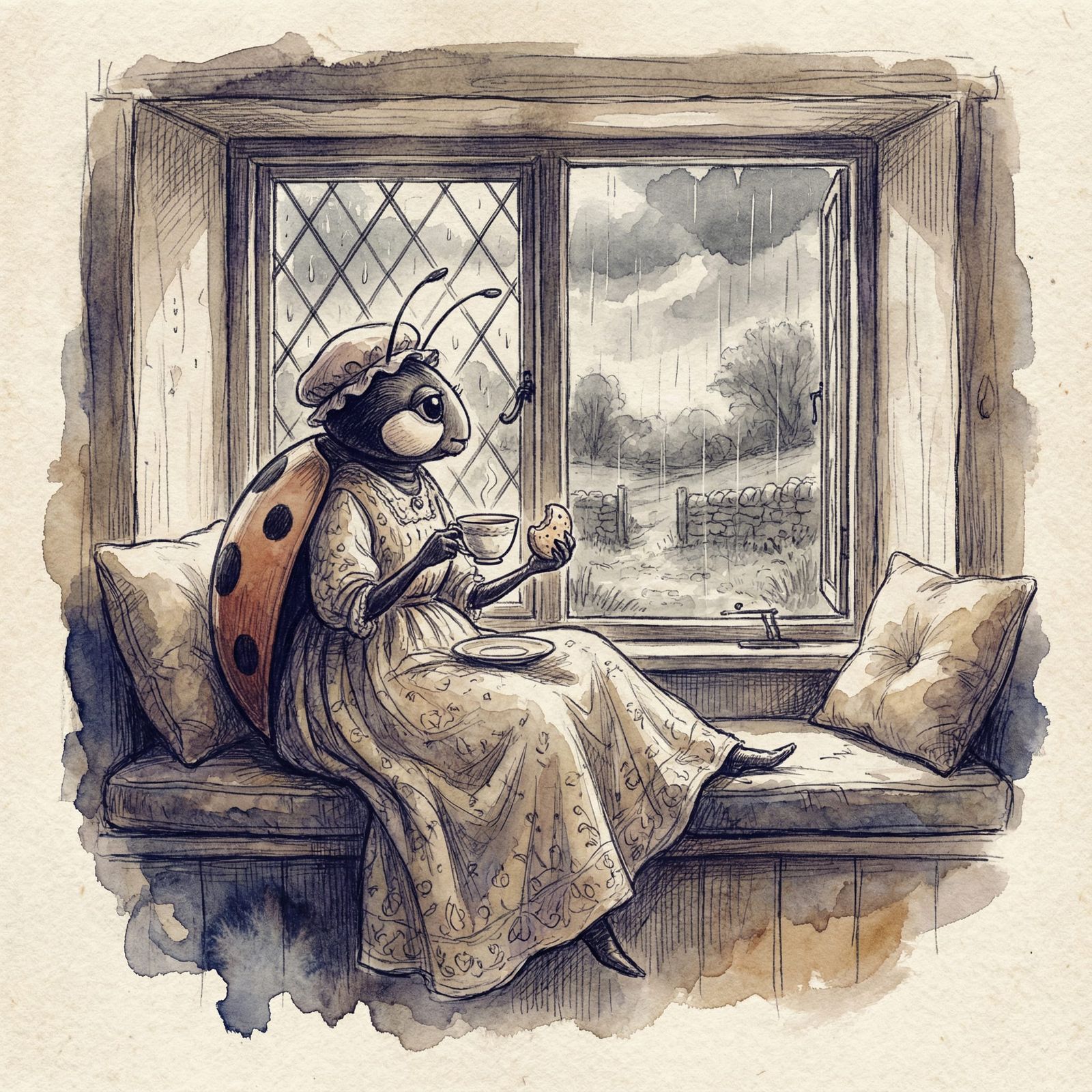 Fantasy Ladybug Enjoys Tea in Cozy Cottage Sketch
