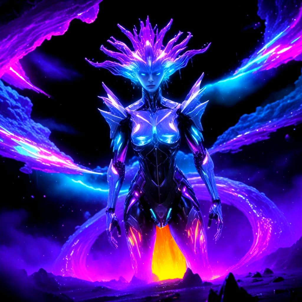 Cosmic Liquid Metal Cityscape in Neon Purple