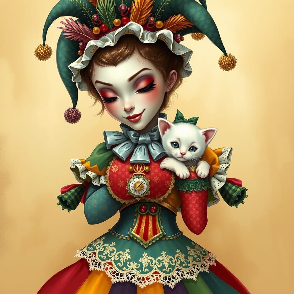 Whimsical Jester Girl with Kitten in Pre-Raphaelite Style
