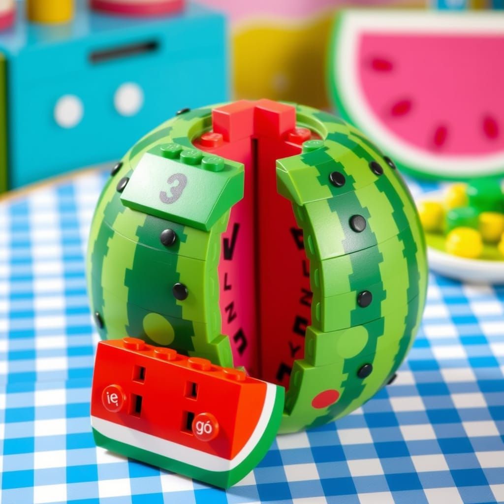 Vibrant Lego Watermelon Scene in Whimsical Style