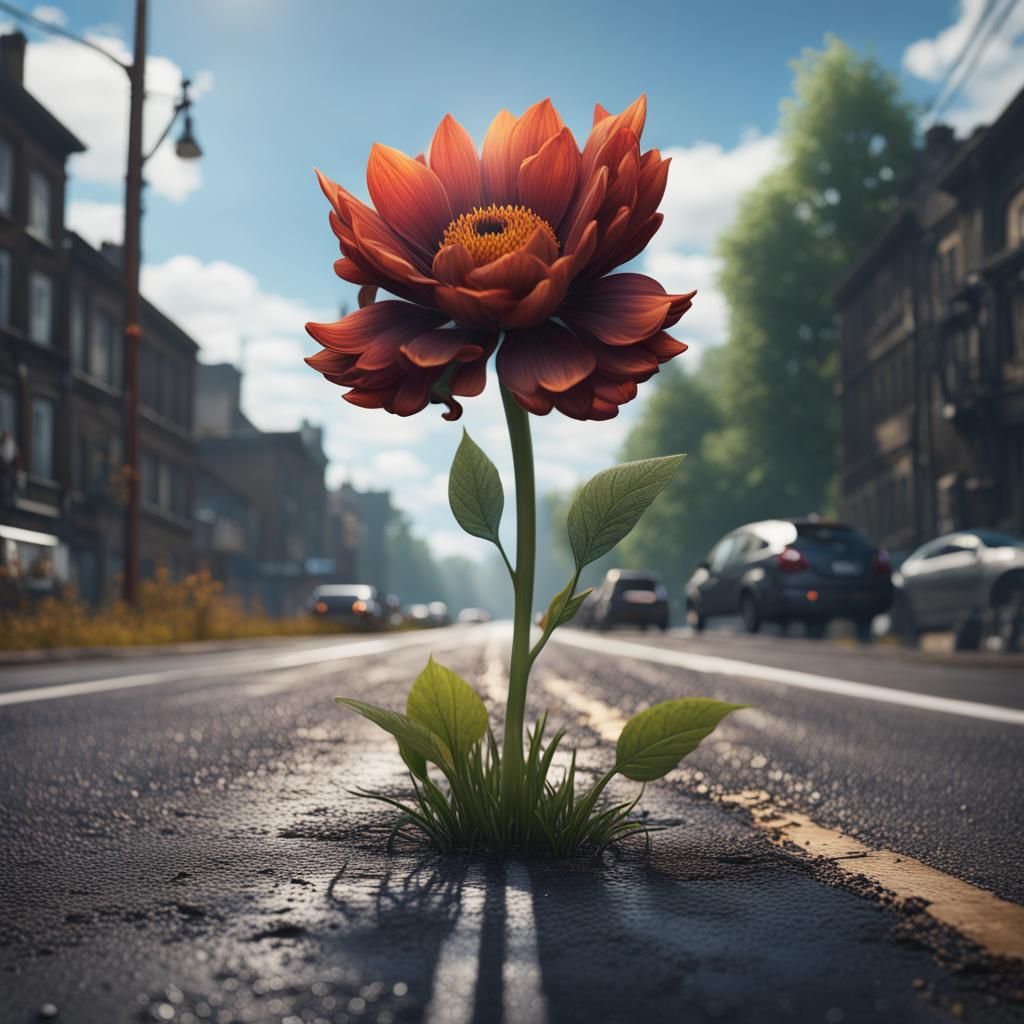 Lonely Flower on Road in Detailed Matte Painting