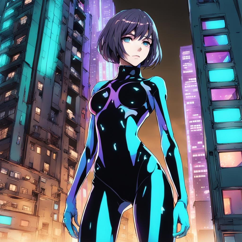 Cyberpunk Woman with Bob Haircut in Anime Style