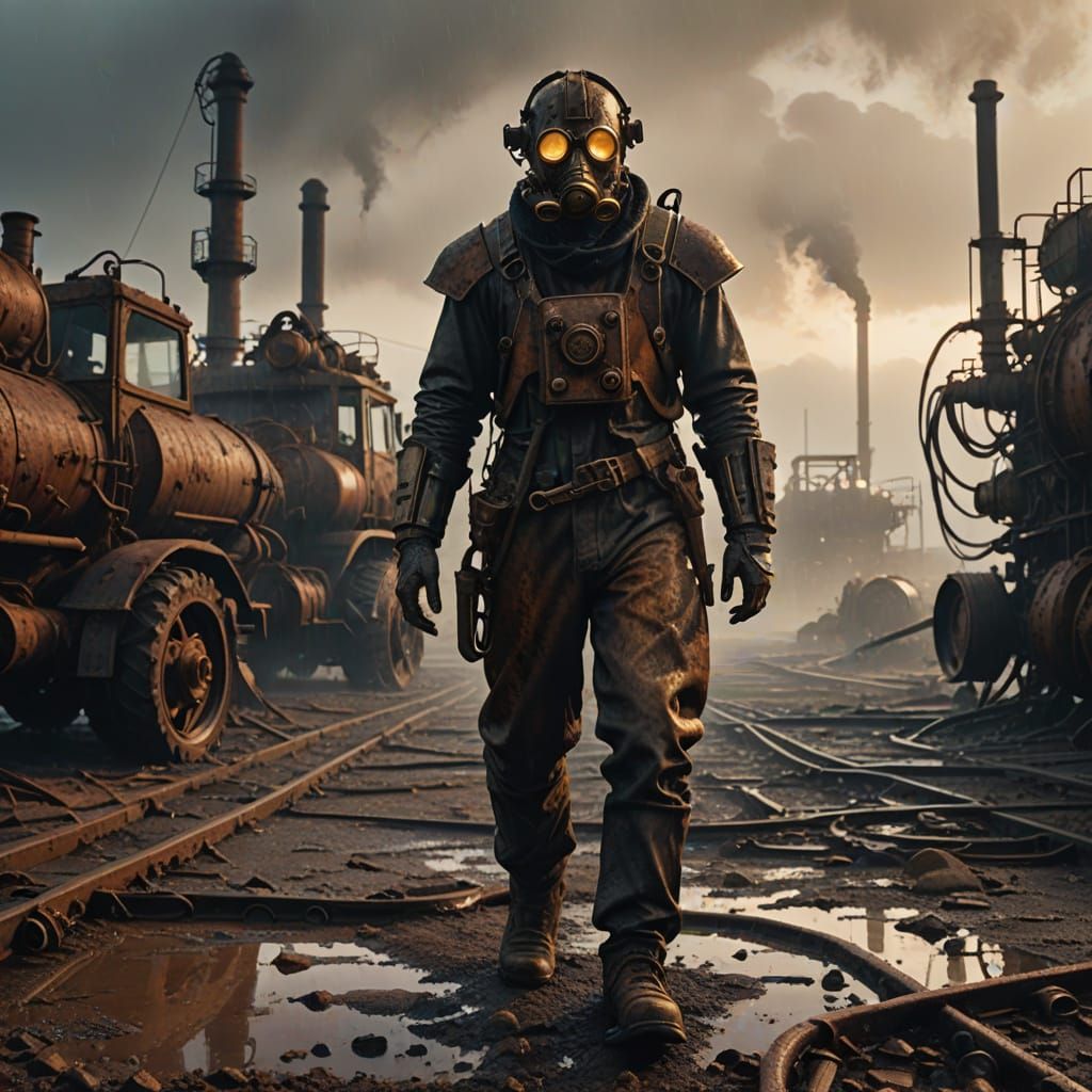 Post-Apocalyptic Wasteland Wanderer in Grimy Industrial Styl...