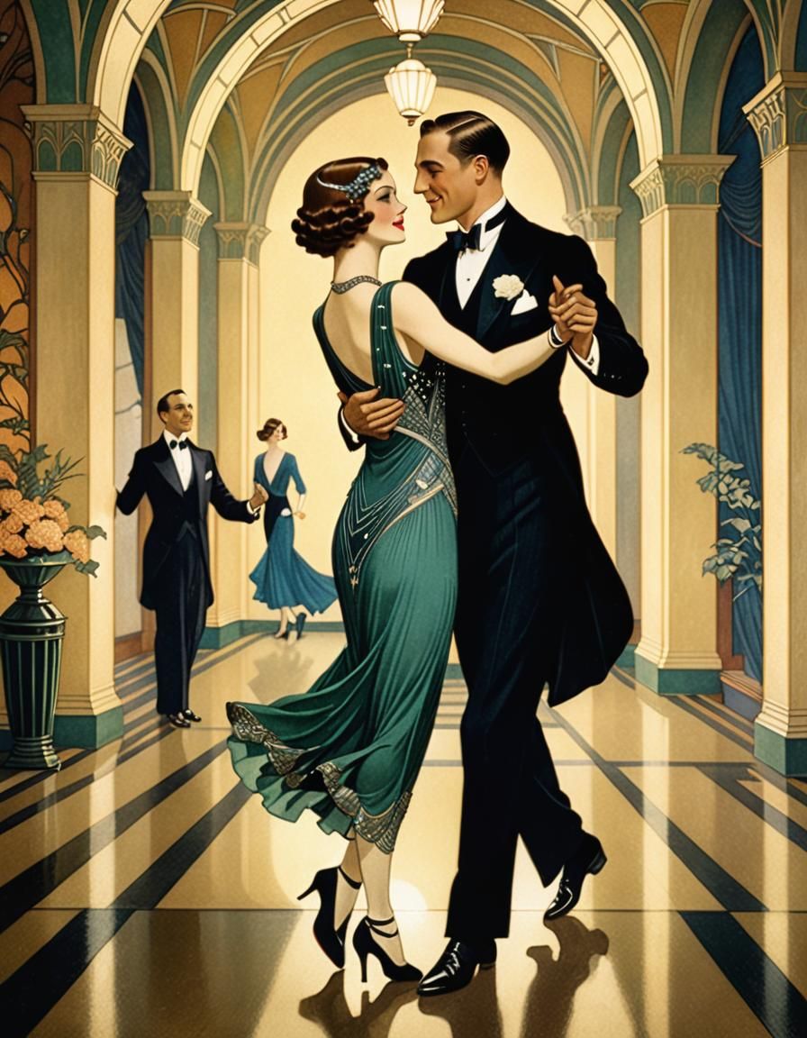 Glamorous 1920s Couple Dance in Opulent Art Deco Hallway