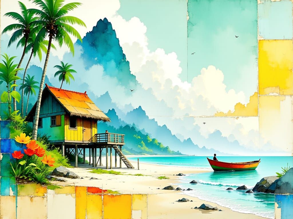 Vibrant Tropical Beach Scene in Watercolor Style