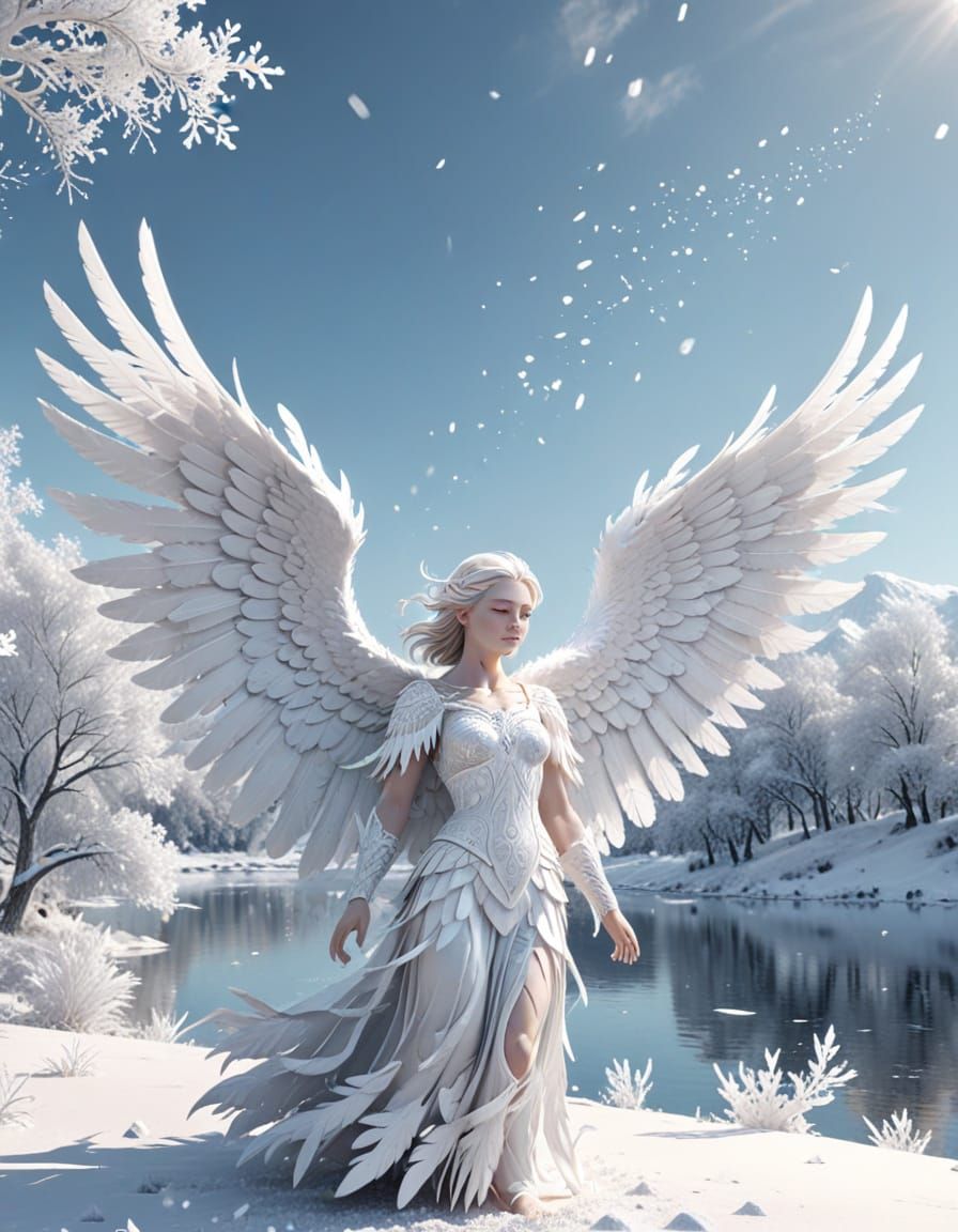 White Angel in Snowy Landscape as 3D Animation