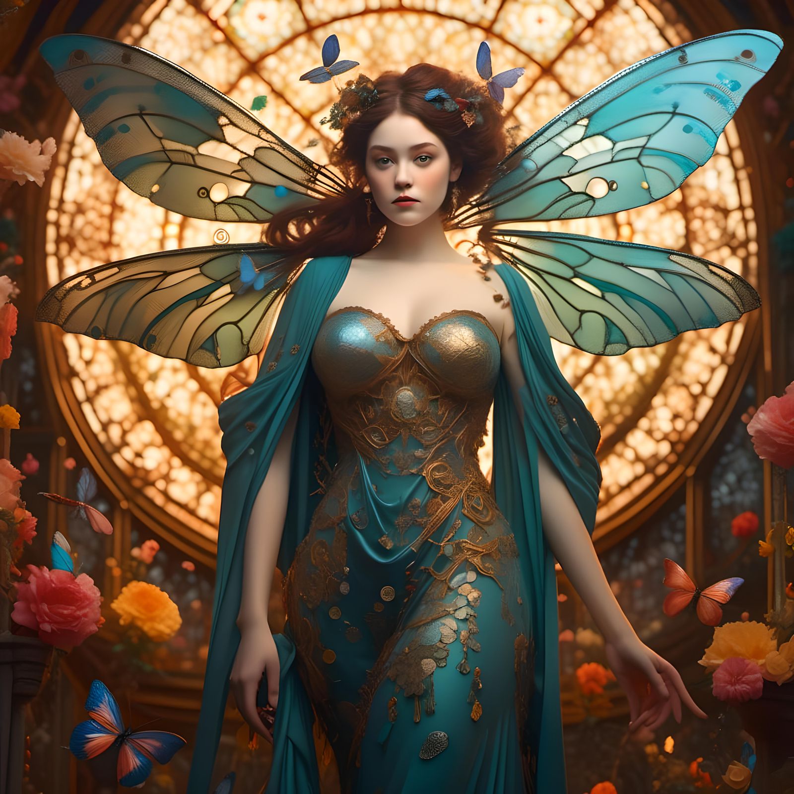 Curvy Woman with Dragonfly Wings in Art Nouveau Style