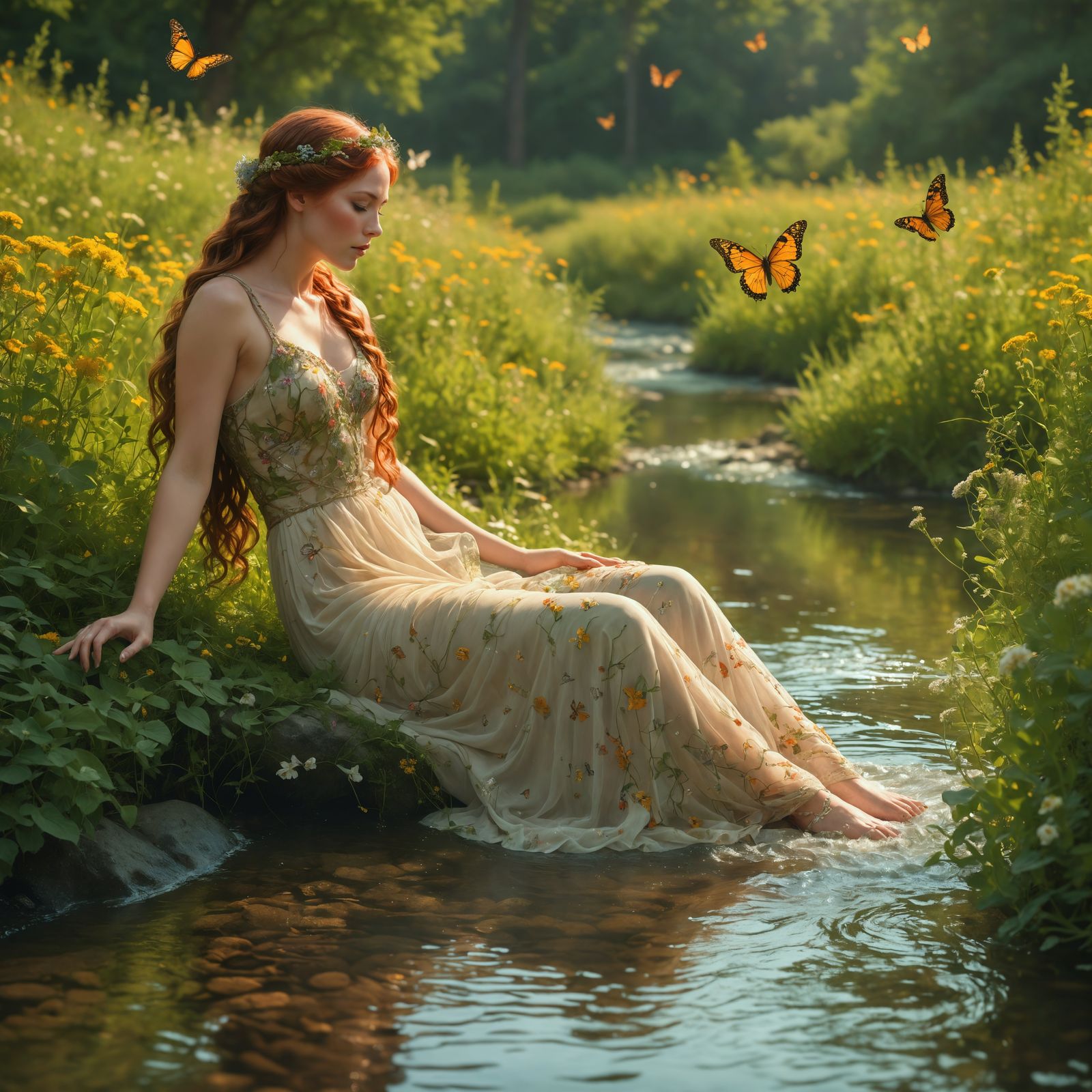 Woman in Meadow Gown in Art Nouveau Style