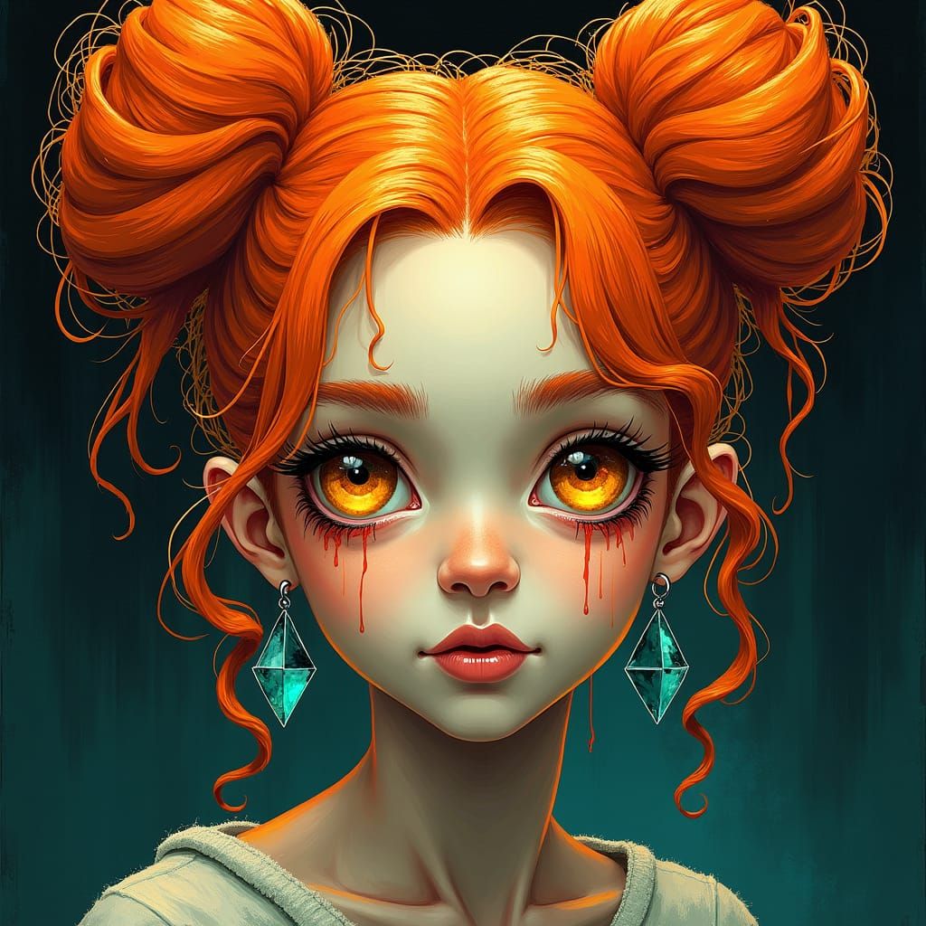 Fantasy Art Portrait with Fiery Hair, Enki Bilal Style