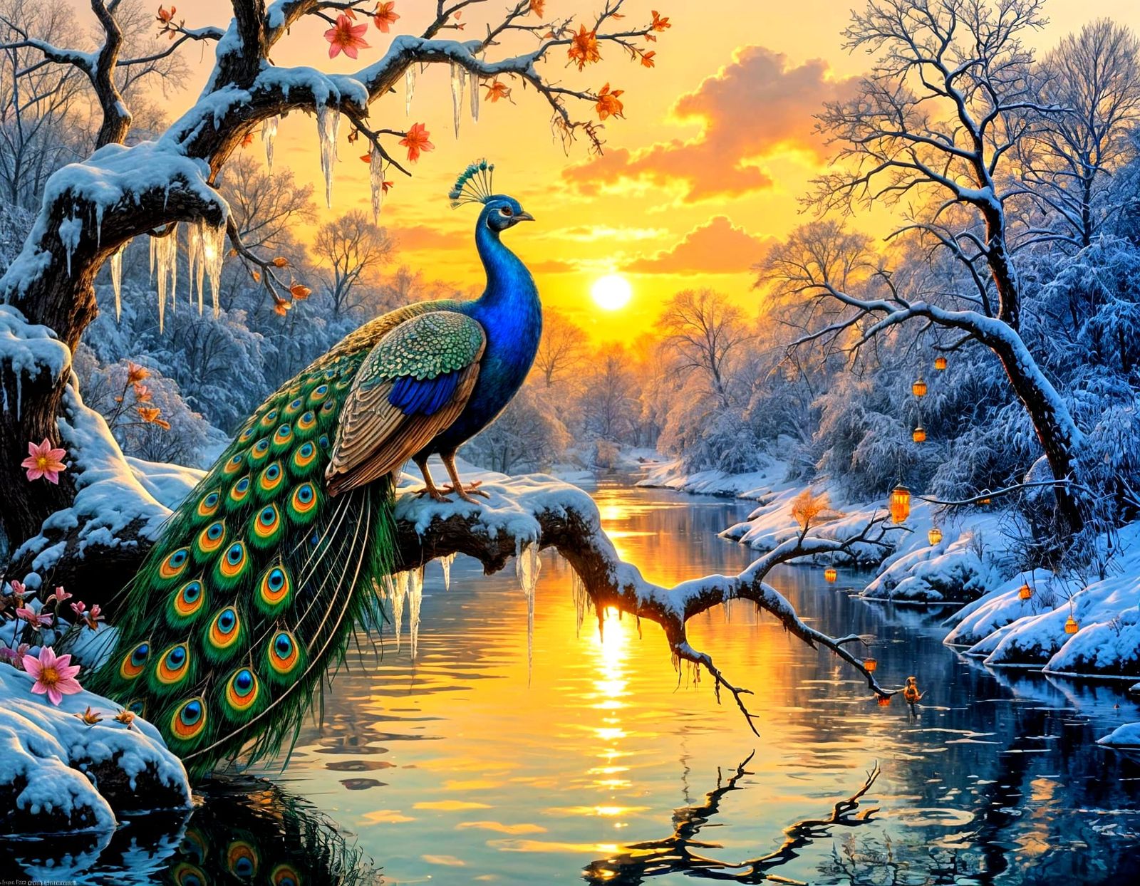 Glass Peacock on Icy Branch at Sunset