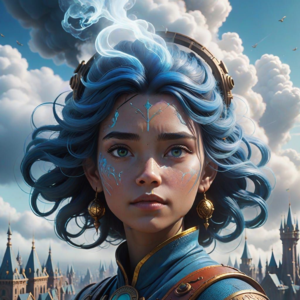 Air Elemental Woman Amidst Whimsical Cloud Cityscape