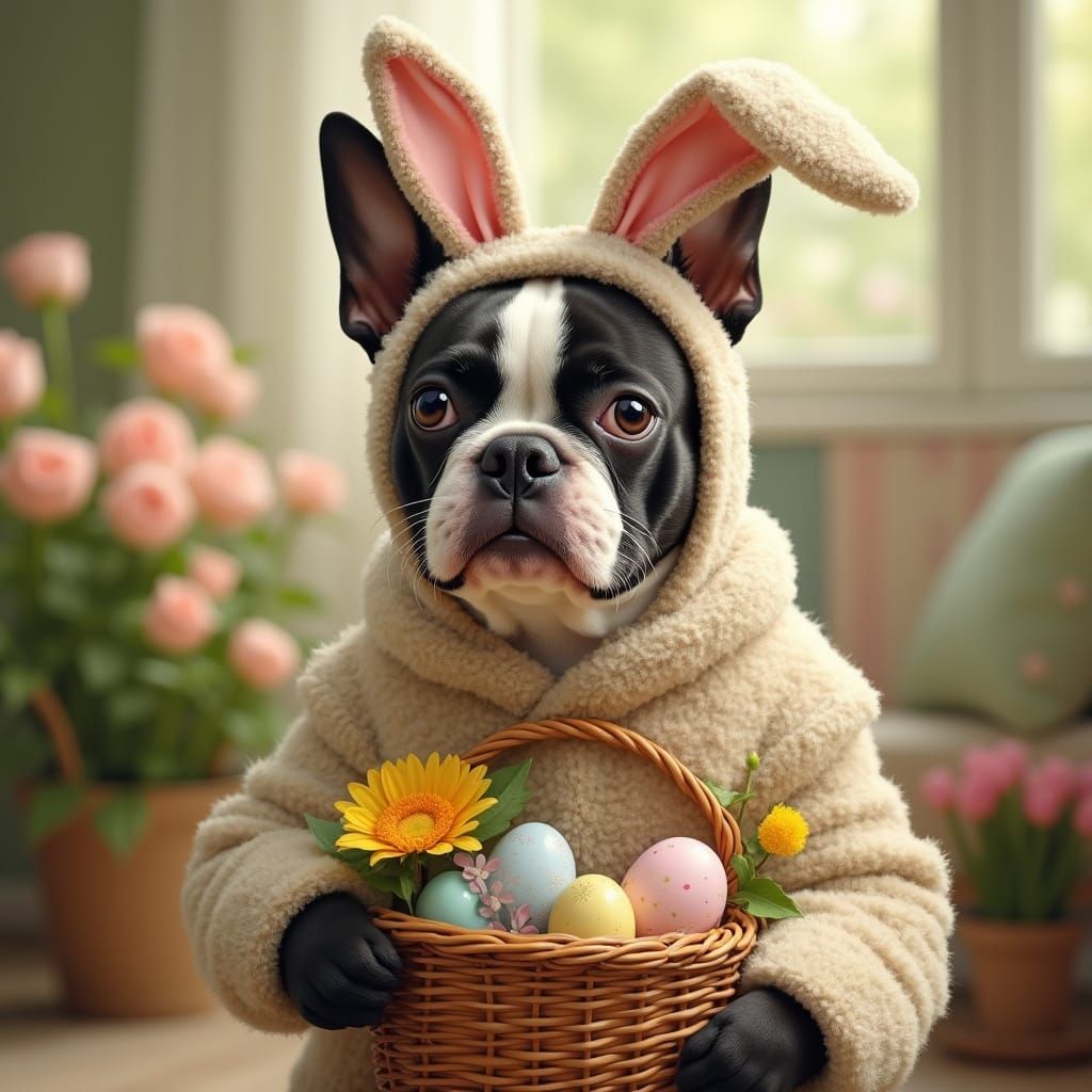 Boston Terrier in Rabbit Costume Holds Easter Basket in a Wh...