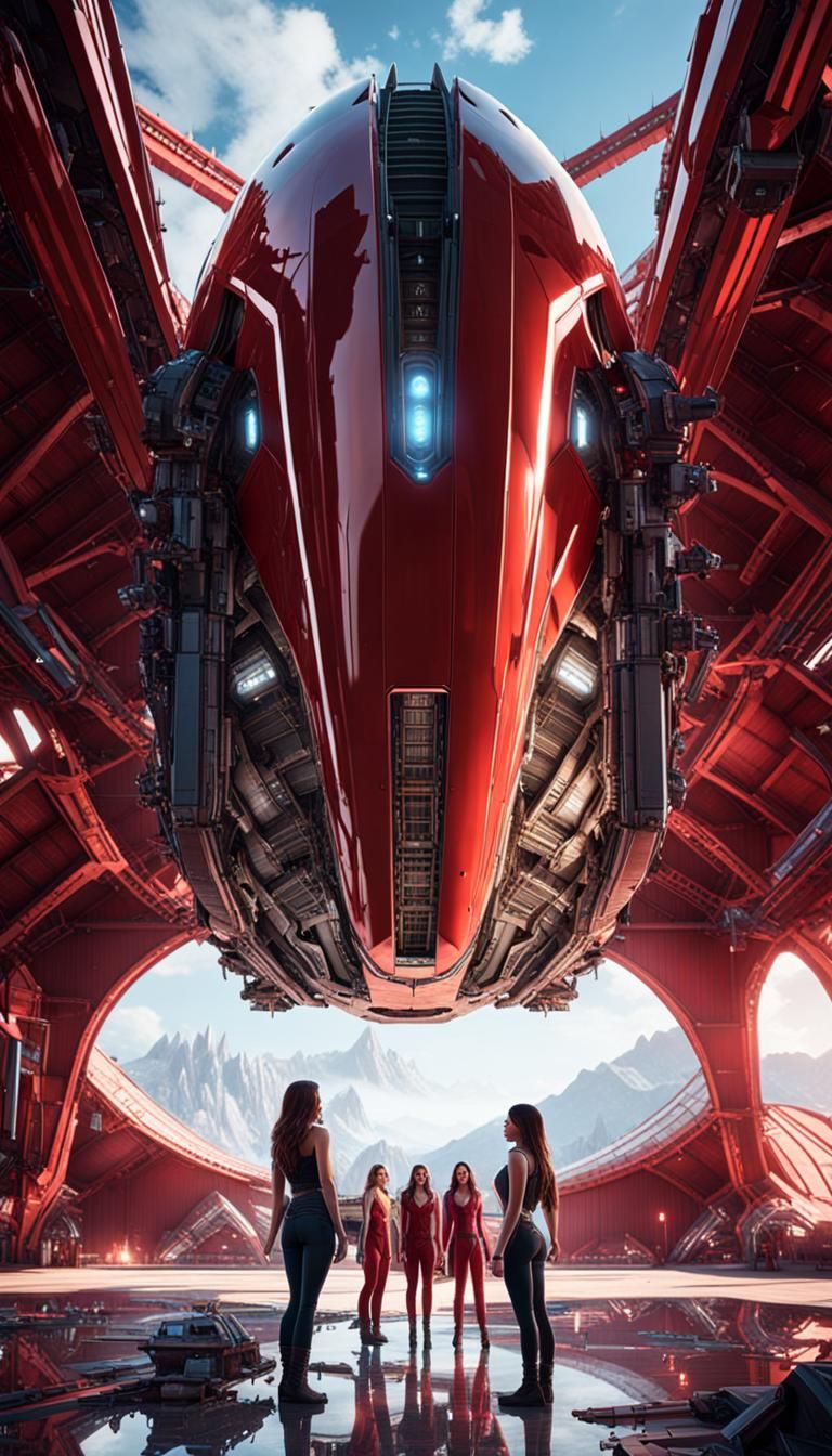 Futuristic Spaceship and Women in Hyperrealistic 3D Scene