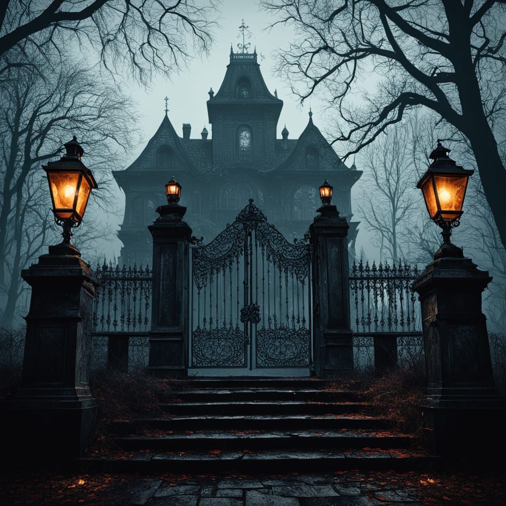 Lovecraftian Horror: Dark Figure at Decrepit Manor