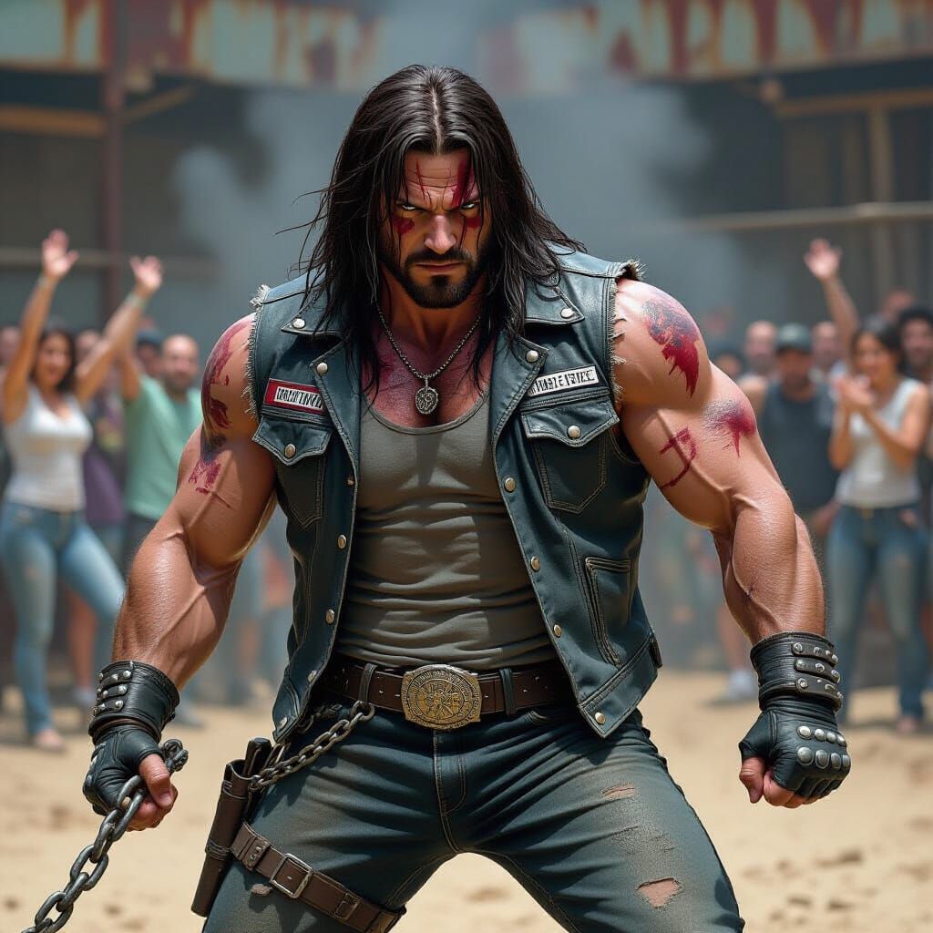 Outlaw Biker in Junkyard Fighting Pit