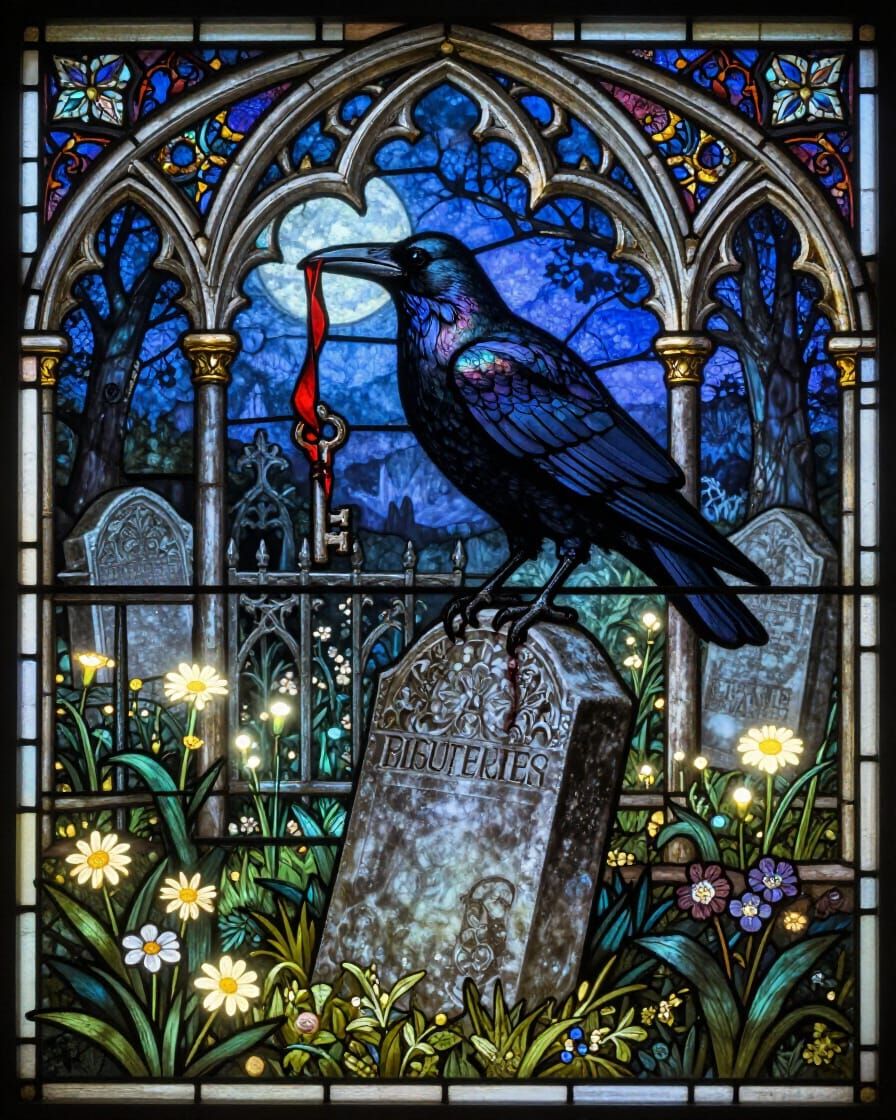 Gothic Graveyard Stained Glass Art with Crow and Key