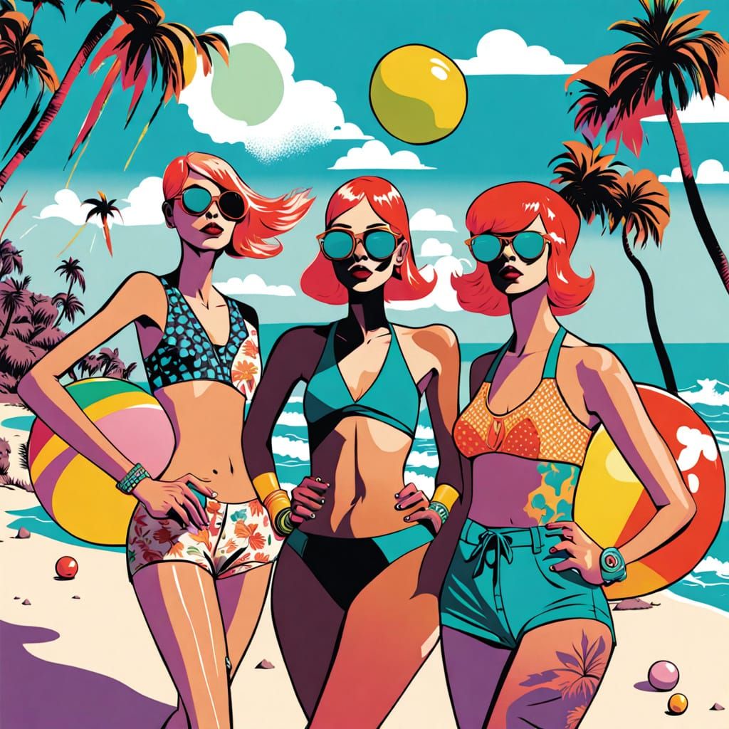 Vibrant Bikini Models Pose on Sunny Beach in Bold, Bright Sw...