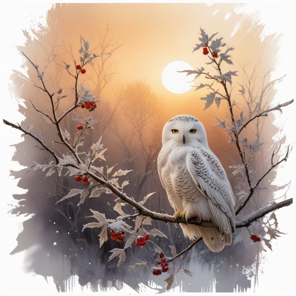 Snow Owl on Frosted Branch in Winter Moonlight
