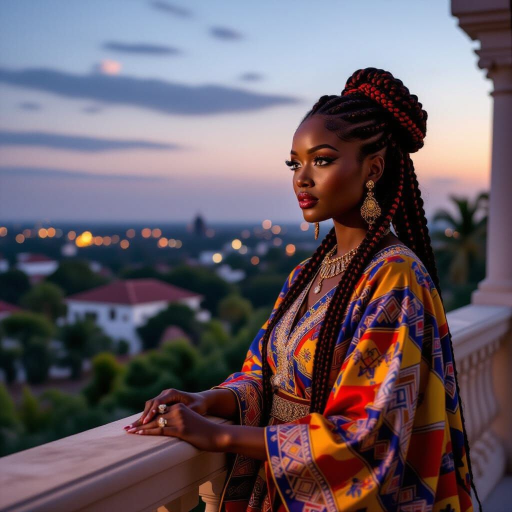 African Queen on Palace Balcony in Traditional Style