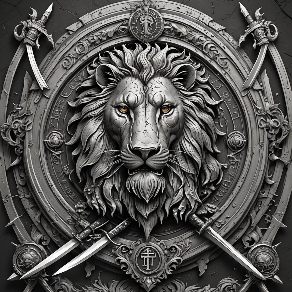 Detailed Black and White Family Crest with Lion