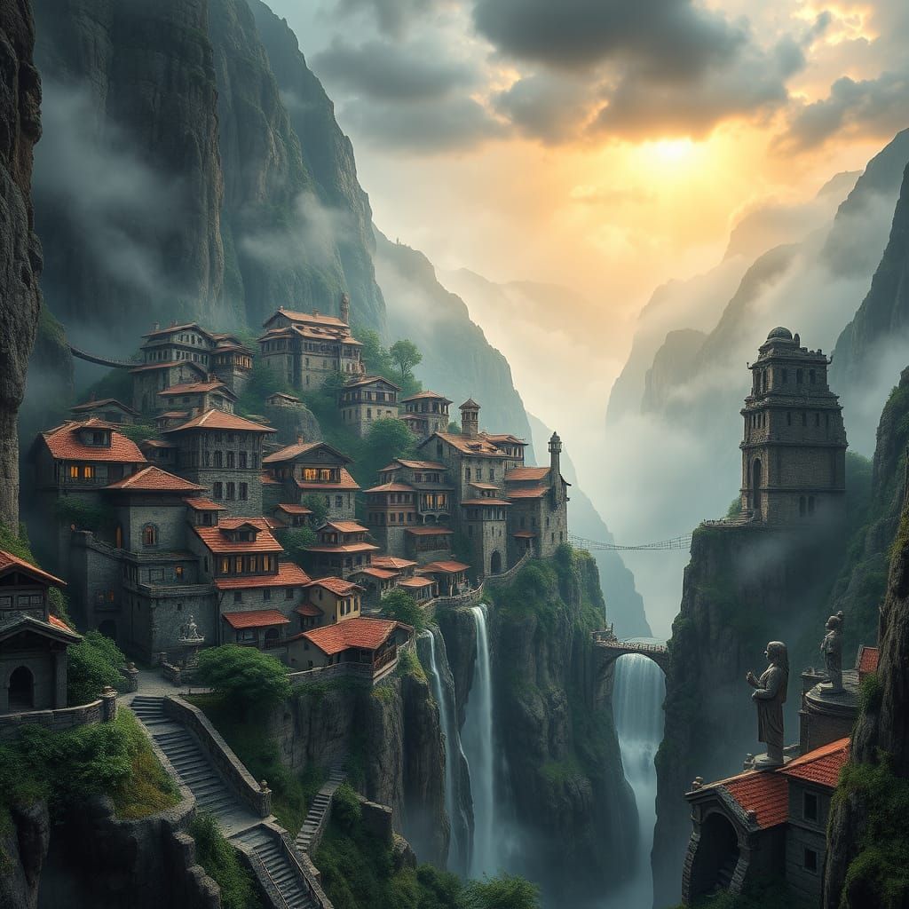 Mystical Mountain Village in Epic High-Fantasy Style