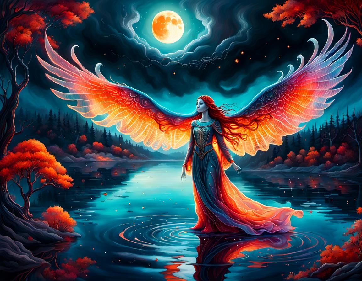 Ethereal Ghost Over Spooky Lake: 3D Pointillist Illustration